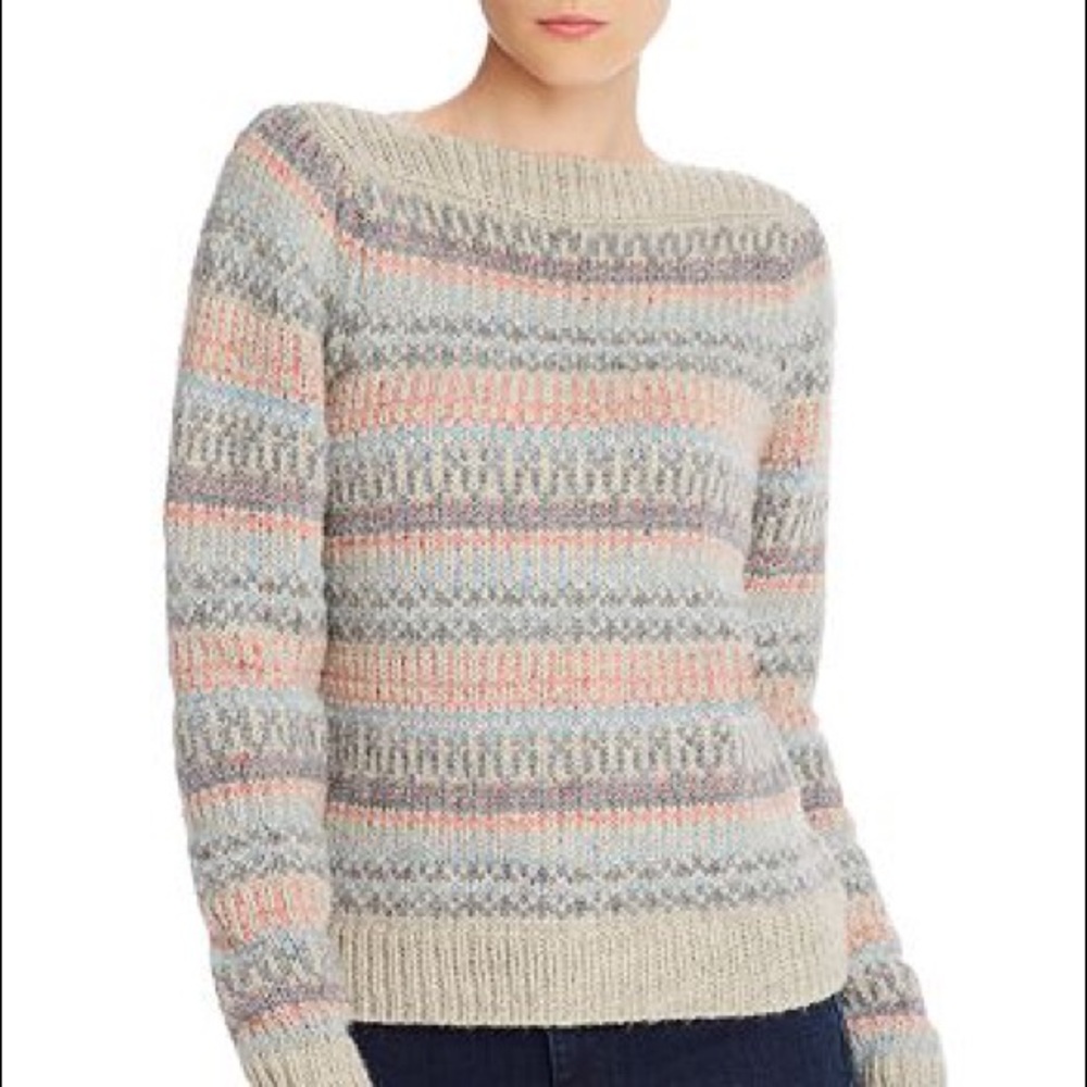 Rebecca Taylor La Vie Boatneck Fair Isle Wool Sweater Gray & Soft Pastels